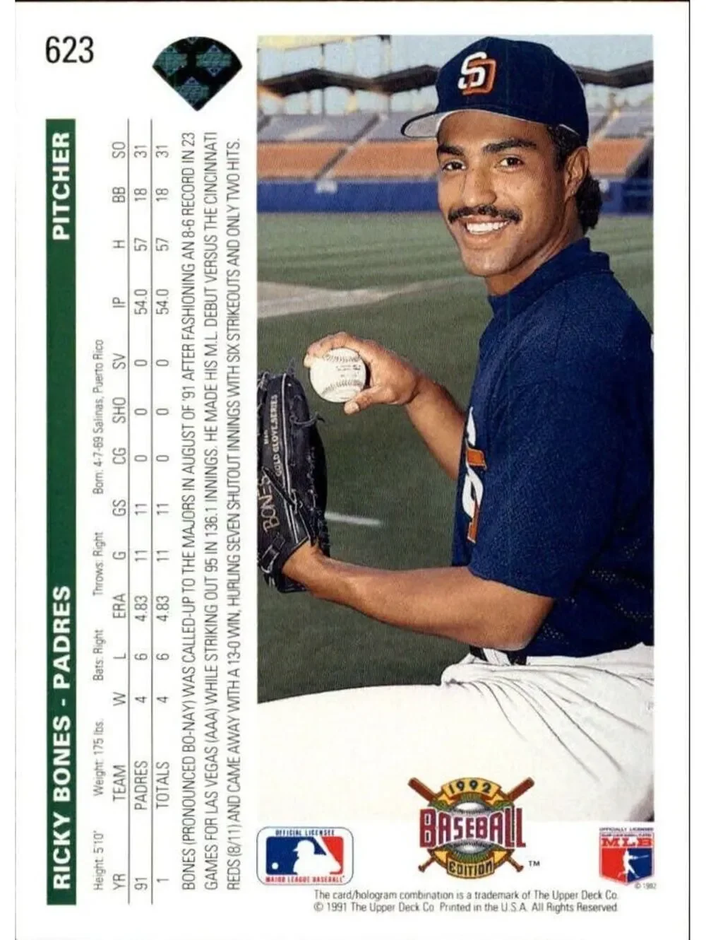 Ricky Bones 1992 Upper Deck MLB #623 Baseball Card San Diego Padres